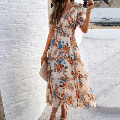 Dámske Boho letné maxi šaty s hlbokým výstrihom do V volánikom s krátkym rukávom zo šifónu plážové šaty na voľný čas Dlhé šaty s kvetinovou potlačou