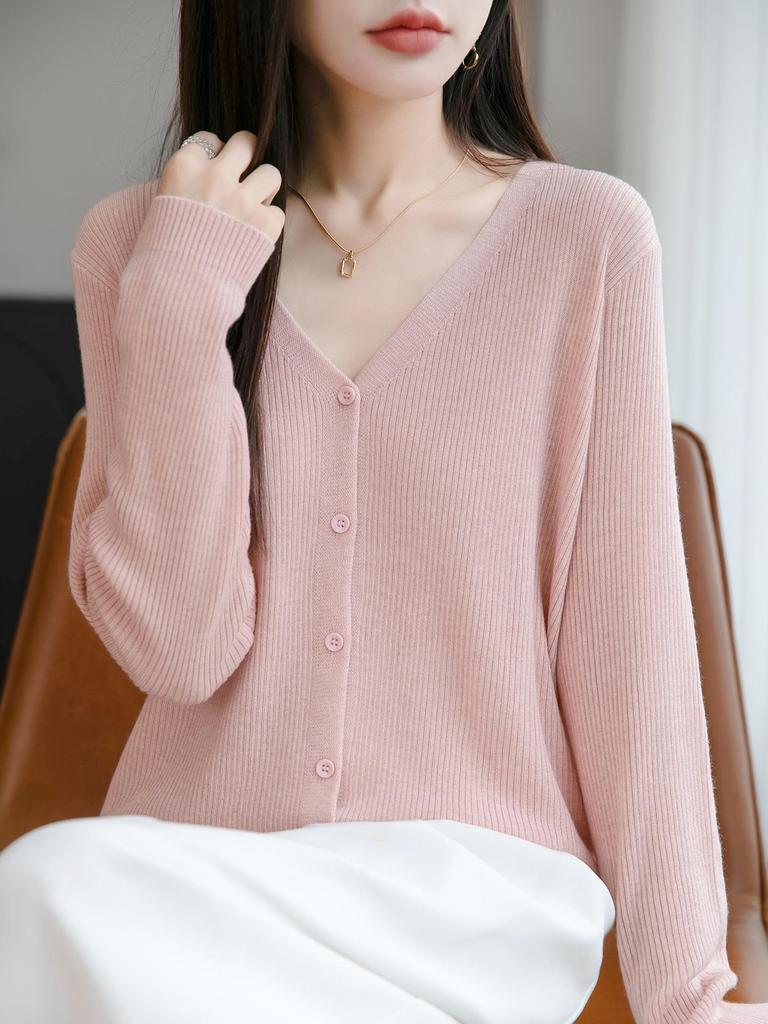 Damen Wollmischung Feingerippter V-Ausschnitt Cardigan Pullover