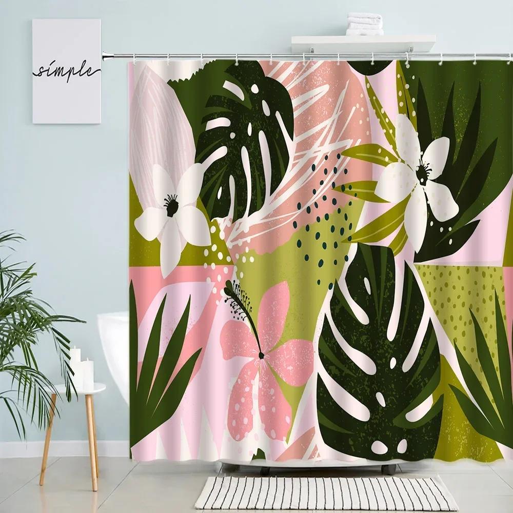 Leaves Shower Curtains Tropical Plant Monstera Palm Leaf Creative Mid Century Bath Curtain Sets Fabric Bathroom Decor With Hooks