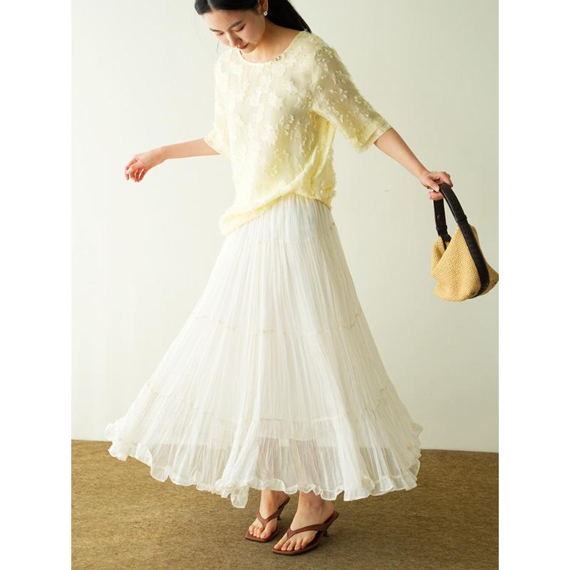 DIMANAF 2026 Summer Women New Skirts Solid Elastic Waist Pleated Mesh Elegant Skirts Yellow