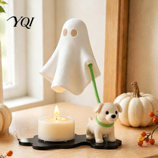 Indoor Holiday Home Decorations Ghost Walking Dog Night Light, 3D Printed LED Warm Lamp, Cute Decorative with Leash Puppy Statue Candle, Halloween