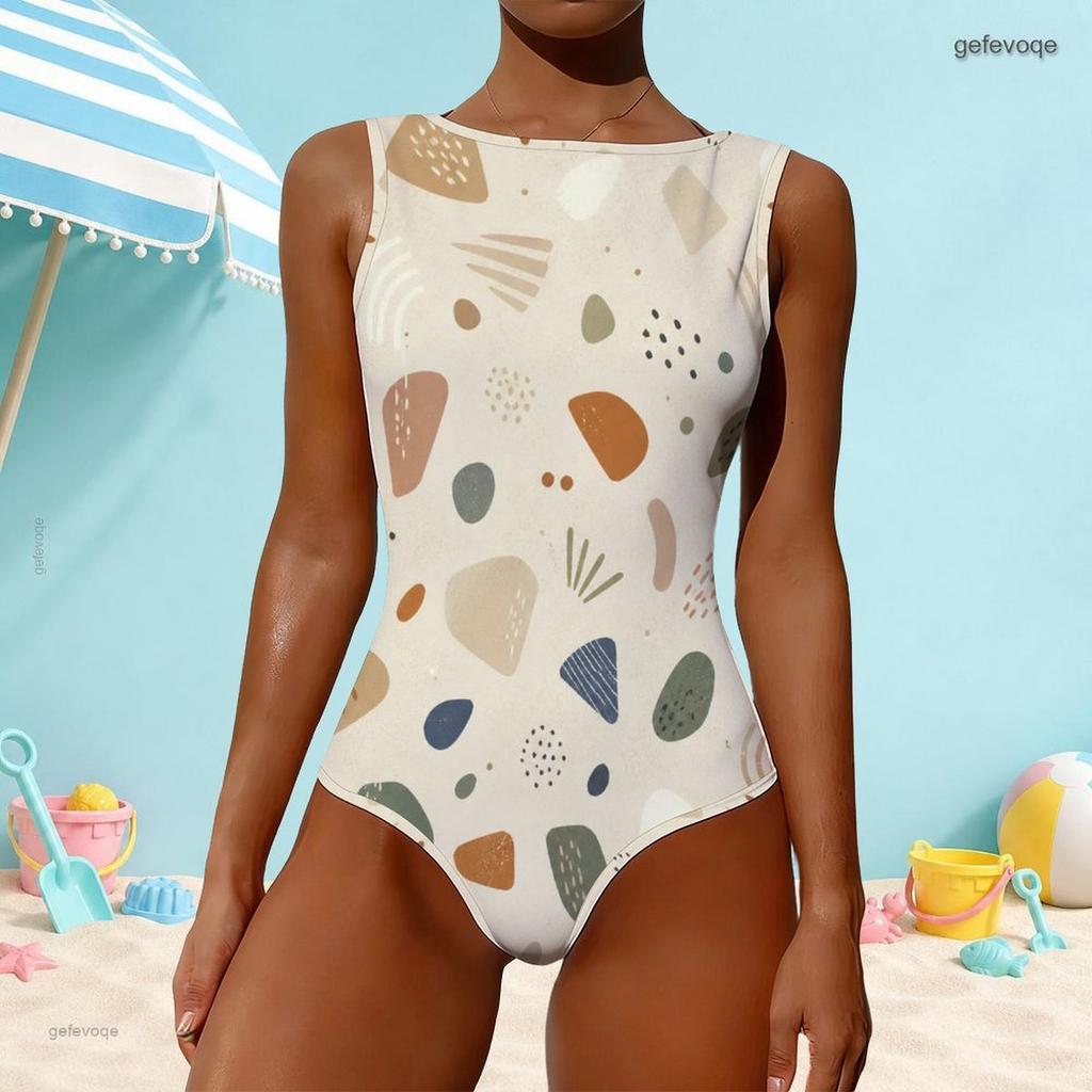Women Plus Size High Round Neck Sleeveless Beige Printed One Piece Swimsuit