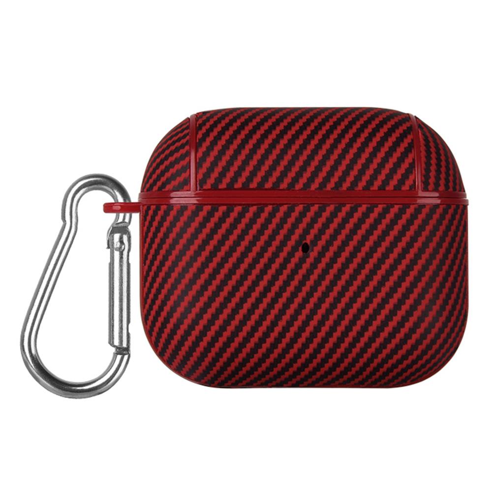 For Apple AirPods 3 Protective Cover Carbon Fiber Texture Earbuds PU Leather PC Hard Case with Hook
