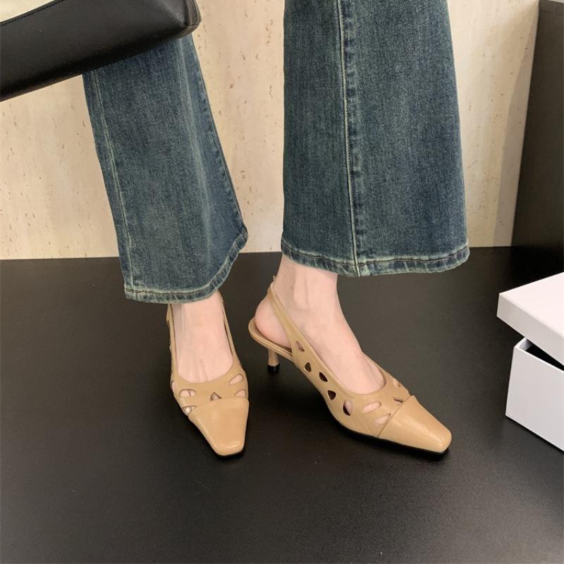 Fashion Comfort Hollow High Heeled Sandals Women Fashion Square Toe Buckle Kitten Heel Brand Designer Shoes Elegant Outdoor Office Shoes