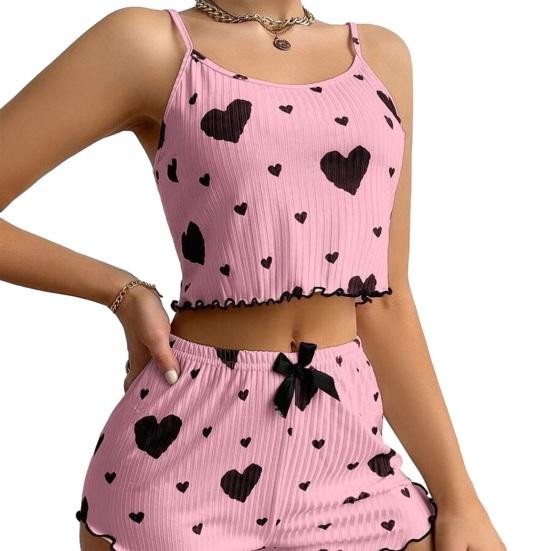 Women's Heart Print Ribbed Pajamas Set Crop Cami Tops And Shorts Cute Pjs