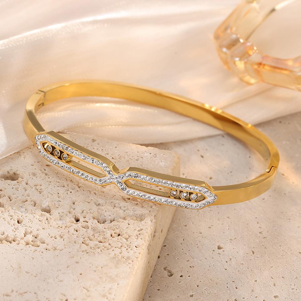 Htpwe Stainless Steel Crystal-shaped Zirconium Hollow Bracelet Women Plated 18k Gold Couple Holiday Gift Bracelet Party Zircon