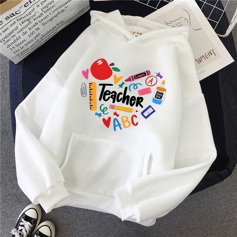 Teacher Print Long Sleeve Hoodies Woman Casual Autunm Winter Hooded Women's Y2k Sweatshirt Clothing for School 90s Female