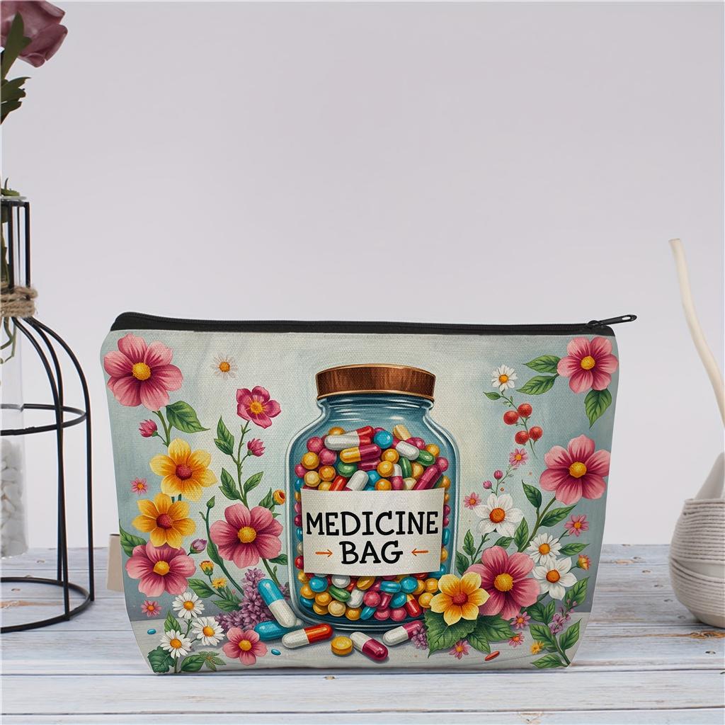 1pc Floral Medicine Bag Vibrant Cartoon Capsule Multi-Functional Cosmetic Travel Storage Pouch with Zipper Travel Essentials Bag
