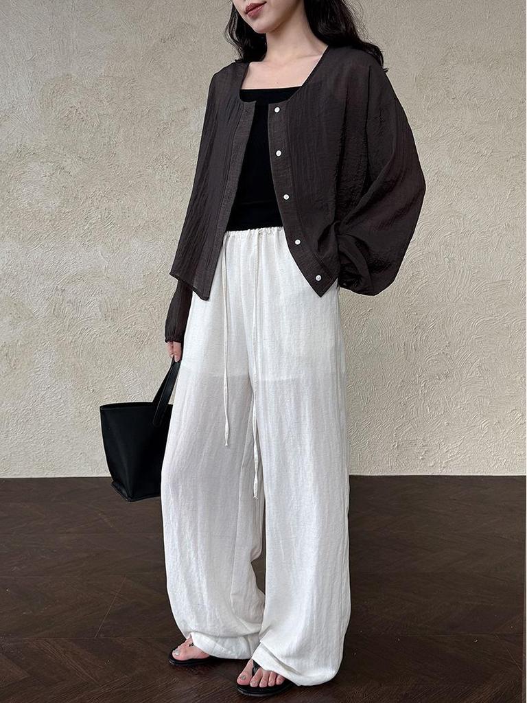 LUXI Women's Tencel Linen Elastic Waist Wide-Leg Summer Pants