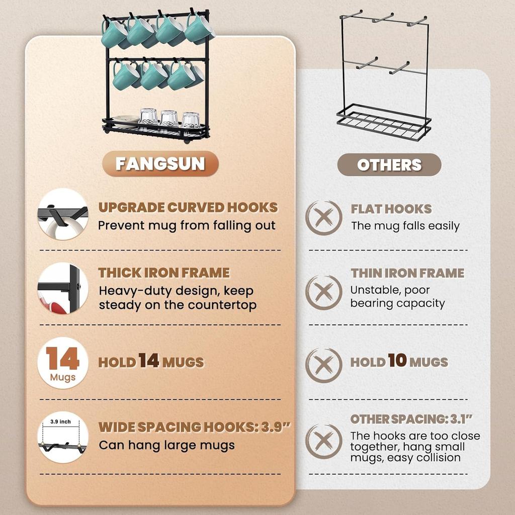 FANGSUN Large Coffee Mug Holder Stand Countertop, Tree Rack for 14 Mugs, 2 Tier Counter Display Storage, Metal Wire Tea Cup Holder for Coffee Station