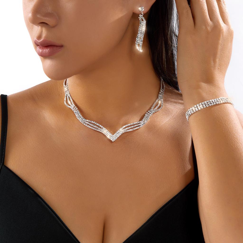 Women's Shiny Geometric Rhinestone Crystal Necklace Choker Chain Bracelet Earrings for Bride Wedding Party Nightclub Jewelry Set