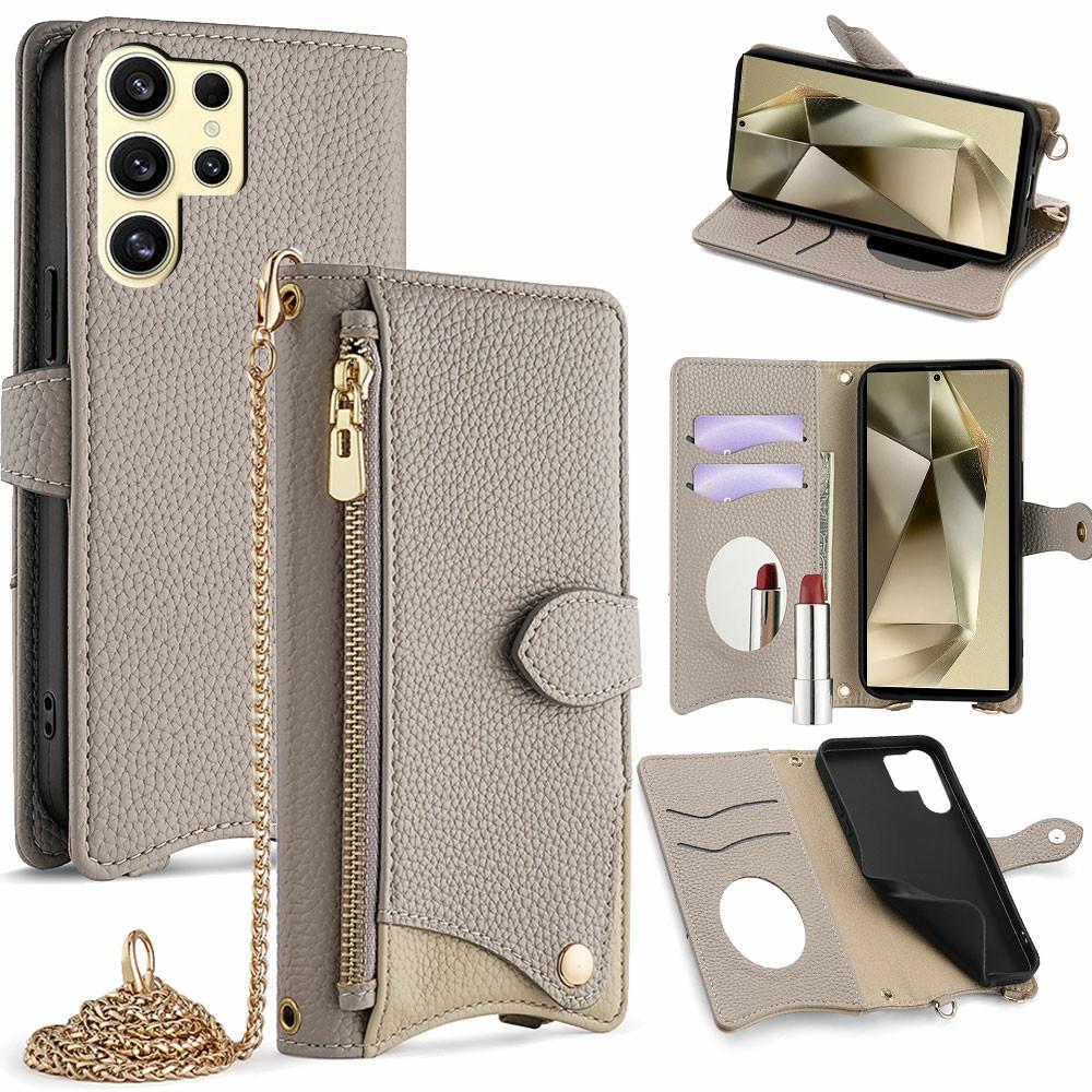 

For Samsung Galaxy S23 Ultra Leather Case Wallet Stand Cover Irregular Tail Style with Chain Strap Grey