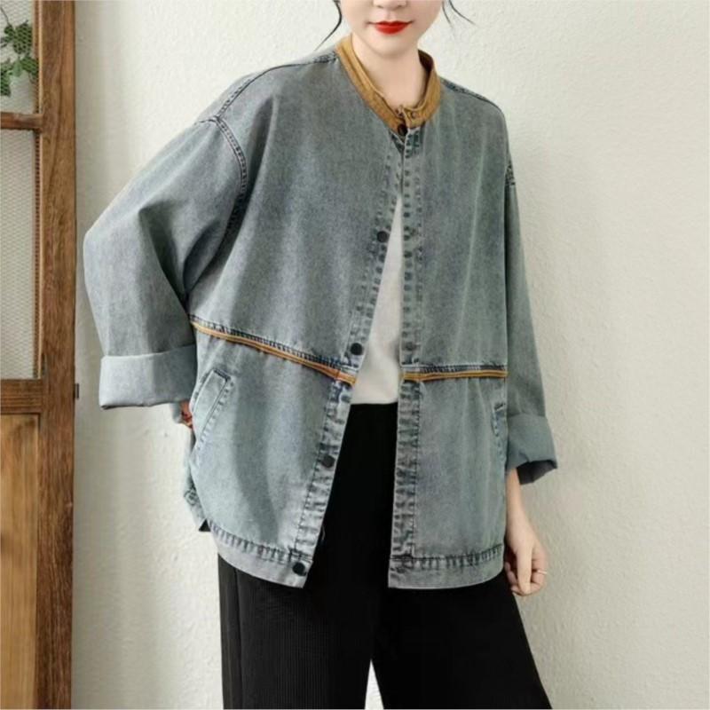 

Johnature Женские винтажные куртки Стойка Длинный рукав Пальто на пуговицах Весна Пэчворк Свободные Повседневные Женские куртки One Size светло-синий