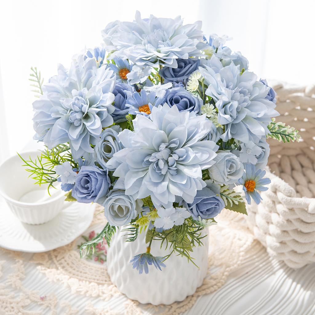 Artificial Rose Flowers Wedding Home Room Table Decor Bridal Bouquets Garden Fake Silk Dahlia Hydrangeas Vase Outdoor Diy Gifts