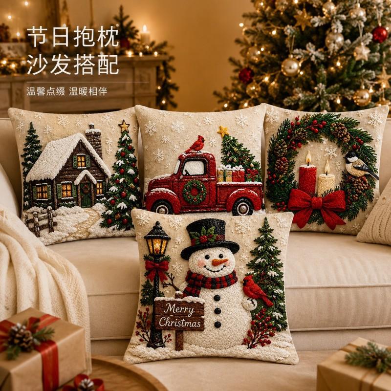 3D Christmas Snow Scene Pillow Cover With Wooden Cabin Red Truck Snowman Wreath Short Plush Square Decorative Cushion Case