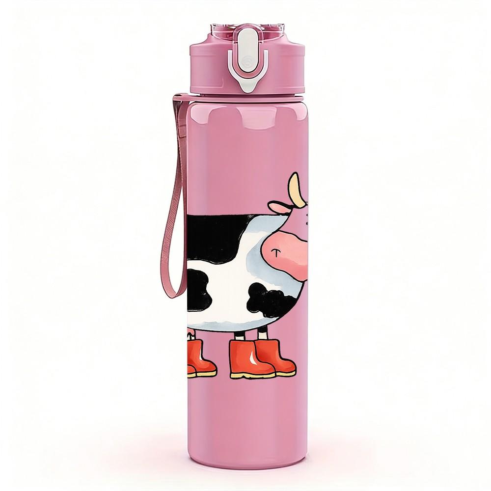 1PC Cute Farm Cow Cartoon 750ml Color Plastic Sports Water Bottle Leakproof Flip Straw Lid Suitable for Sports Office Home Use