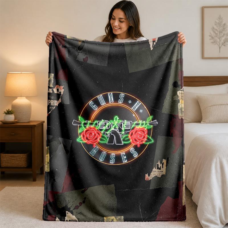 Guns N’ Roses Print Flannel Blanket Cozy Lightweight Plush Throw Blanket For Bed Sofa Household Use