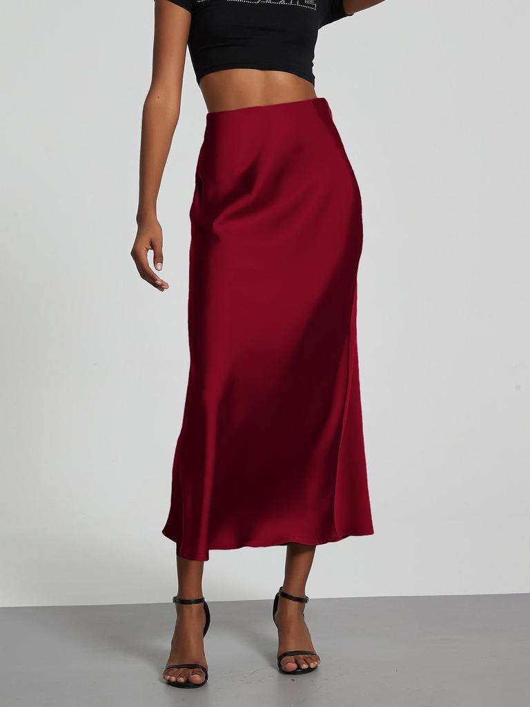 Elegant European and American Style Women's Satin Midi Skirt – Smooth, Slim, and Silky Texture for Summer
