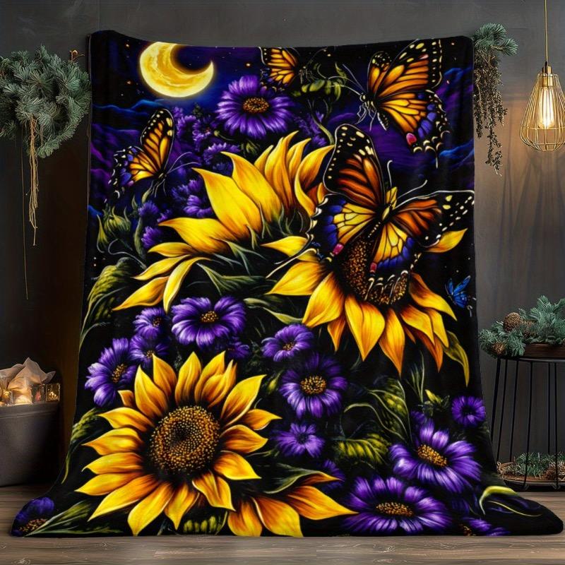 

1 шт. Одеяло «Подсолнухи и бабочки» — Легкий фланелевый домашний текстиль Постельное одеяло Подходит для диванов, кроватей, путешествий 30x40in