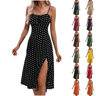 Moda Kadın Spagetti Askılı Elbise Puantiyeli Midi Elbise Kolsuz Yırtmaçlı