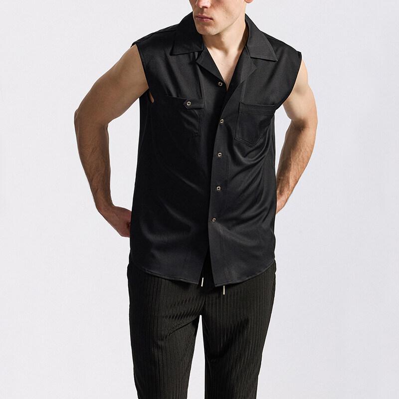 New Summer Men's Sleeveless Shirt Solid Color Pocket Single Breasted Nightclub Shirts Male Streetwear