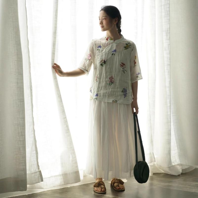 Johnature Women Vintage Print Floral Shirts Tops Stand Seven Sleeve Blouses Summer Button Chinese Style Shirt