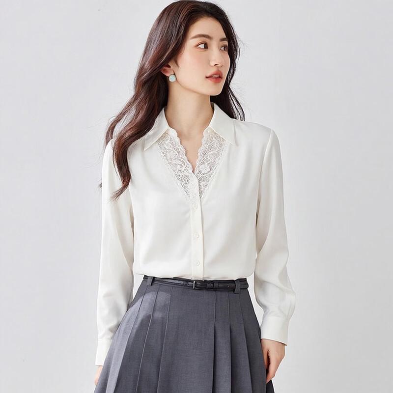 Zuose Lace Trim V-Neck Long-Sleeve Blouse