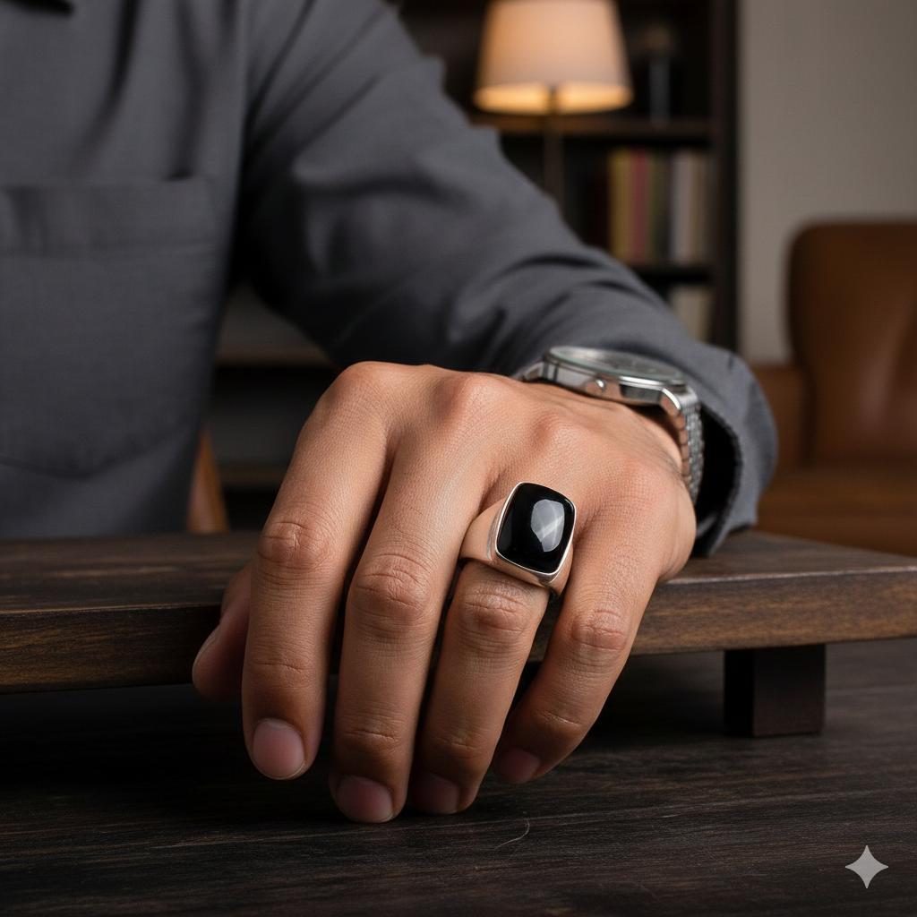 Natural Black Onyx Ring for Men 925 Sterling Silver Rectangle Gemstone Ring Handmade Turkish Style Signet Jewelry