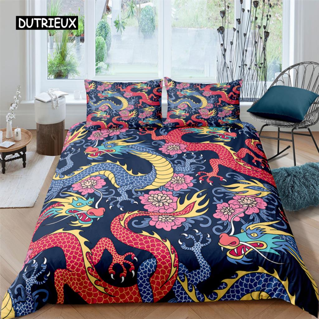 Sada ložního prádla 3D Dragon tisk Povlečení Povlak na přikrývku s povlakem na polštář Polyesterový povlak na přikrývku King Queen Twin Bytový textil