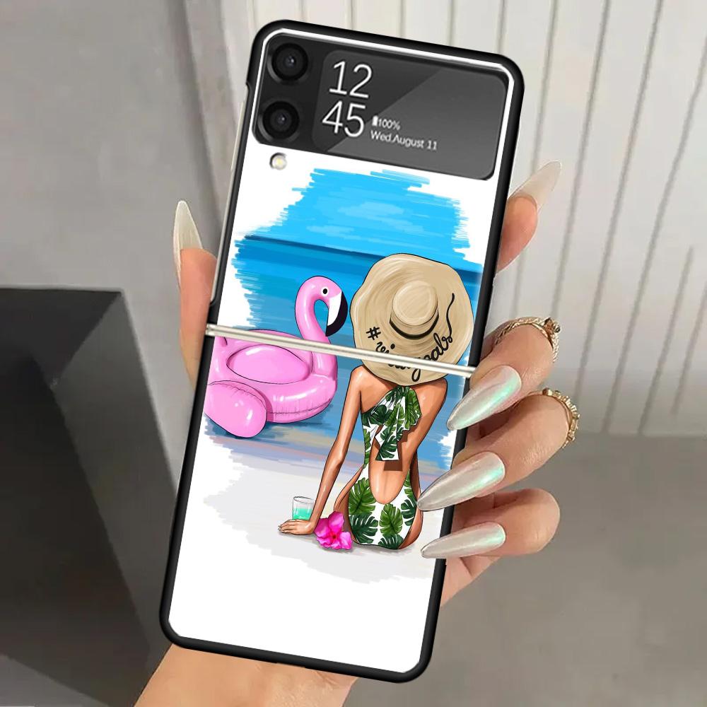 Girl Flamingo Summer Beach Hard PC Phone Case For Samsung Galaxy Z Flip 6 5 4 3 Black Cover ZFlip6 Flip5 Flip4 5G Foldable Print