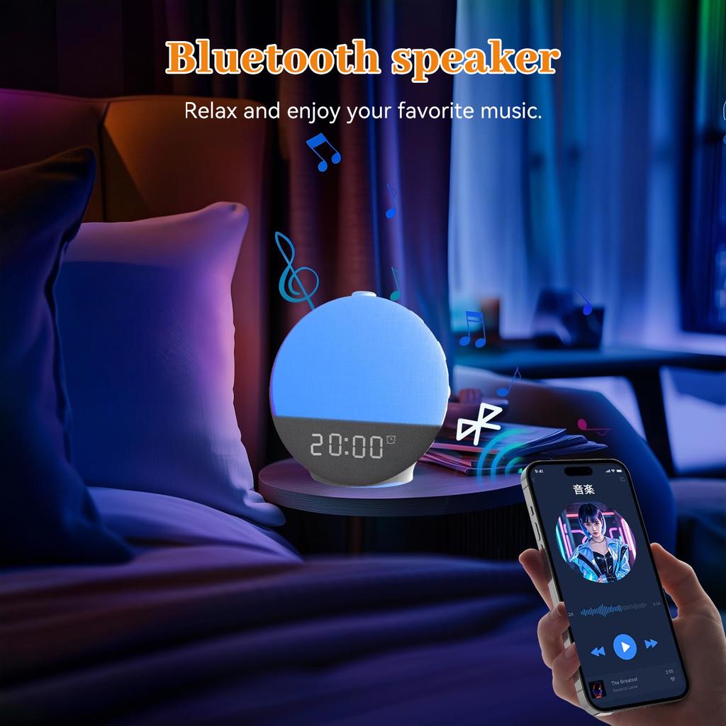 Smart Wake Up Light Sunrise Alarm Clock White Noise Machine Bluetooth Speaker with 30 Sleep Sound for Heavy Sleeper Perfect Gift