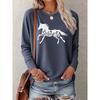 Women's Minimalist Horse & Plant Silhouette Print Casual Long Sleeve Elegant Summer Top, Fashionable, Cute & Vintage