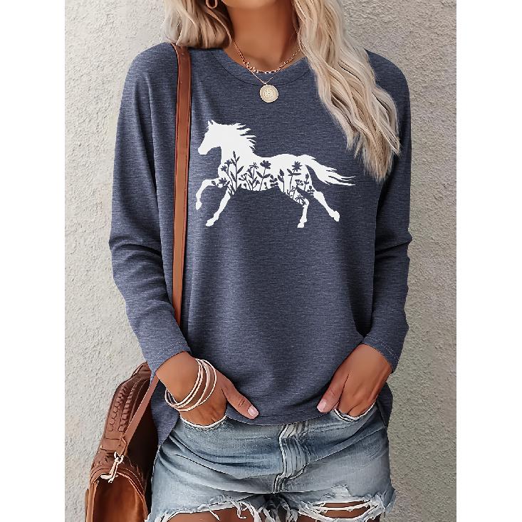 Women's Minimalist Horse & Plant Silhouette Print Casual Long Sleeve Elegant Summer Top, Fashionable, Cute & Vintage