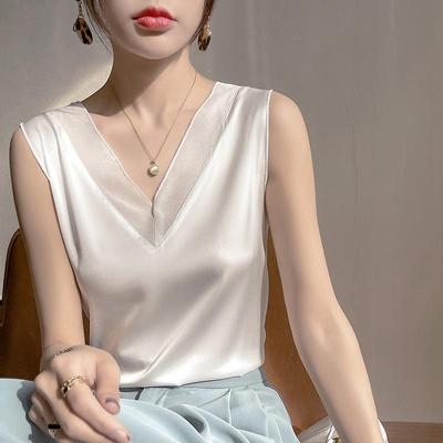 Camișolă din Dantelă Satinată pentru Femei - Maiou Coreean fără Mâneci pentru Moda de Vară