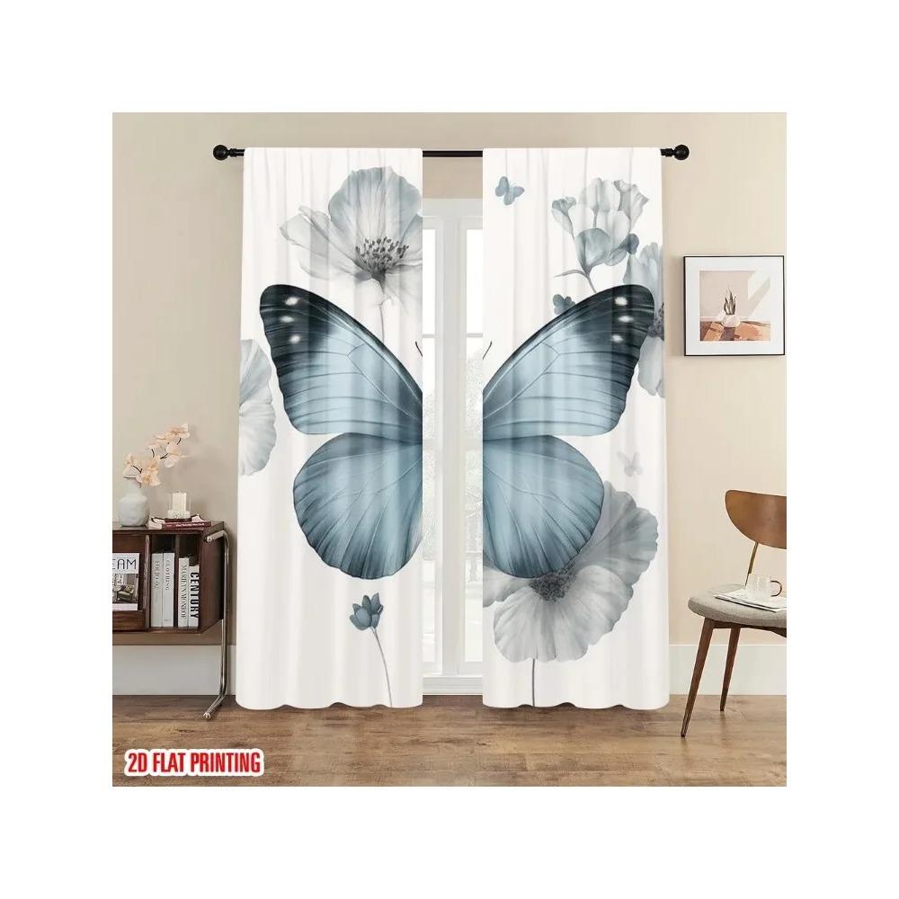 2pc,2D Plane Printing Light Filtering Curtains Blue Butterfly Bliss Durable Polyester (without Rod) Holiday for Bedroom Office