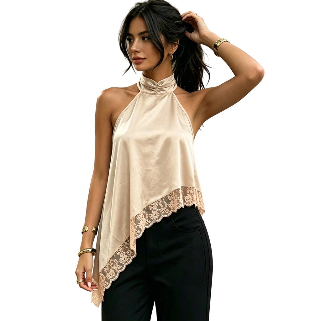 Damen Satin-Oberteil ärmellos mit Spitze und unregelmäßigem Saum Elegante lockere Bluse für den täglichen Gebrauch Ausflüge Büro
