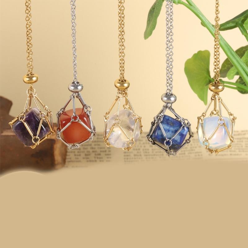 Handcrafted Square Crystal Pendant Necklace With Flexible Bamboo Link Chain And Secure Mesh Cage Setting For Elegant Occasions