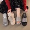 Fashion Women High Heel Fashion Summer Outside Slippers Sweet Pearl Rhinestones Flip Flops Slides Platform Beach Shoes Non-slip Sandals