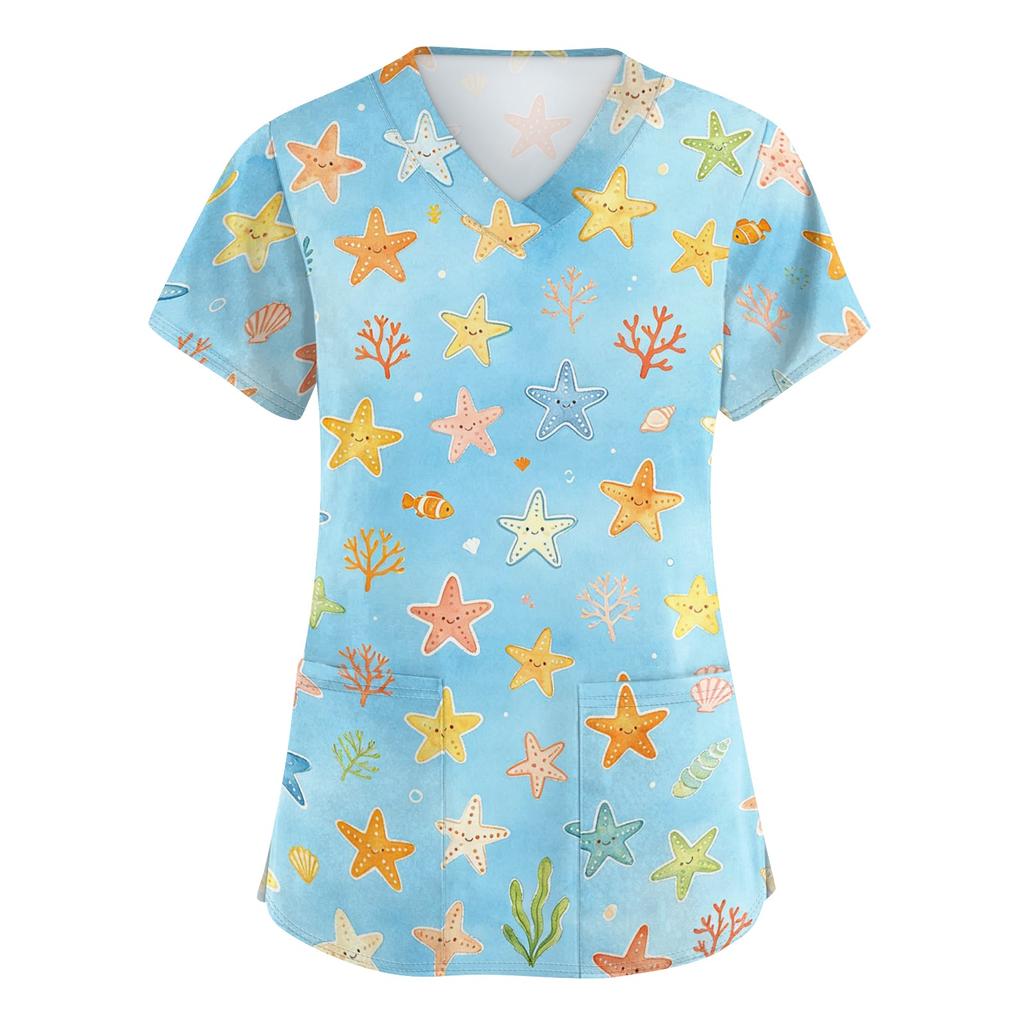 Damen V-Ausschnitt Kurzarm Arbeitshemd mit Taschen Tierprint Oberteil Medizinische Scrub Uniform für Gesundheitsberufe Bequeme Passform