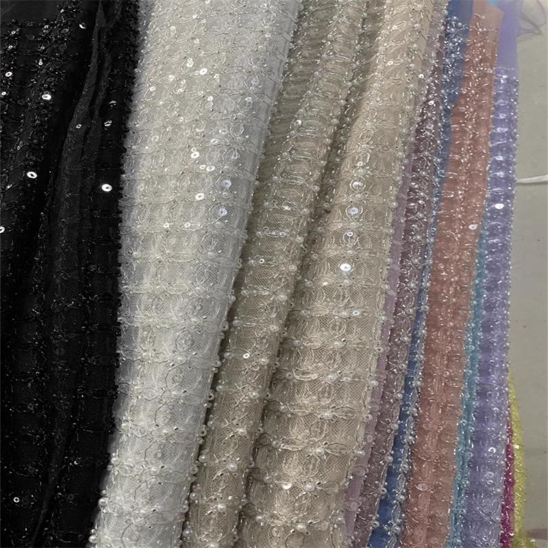 5 Yards In Stock Mesh Embroidery Beads Sequin Fabric Party Wedding Dresses Cheongsam Beaded Lace Fabric 23 Colors 100x130cm