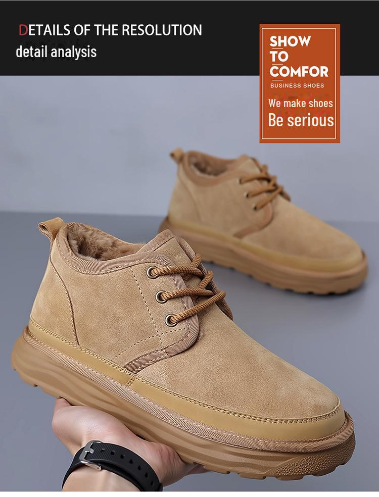 Men's Velvet-Lined Leather Snow Boots - Warm, Non-Slip, High-Top, Thick Sole, Large Size (8509)