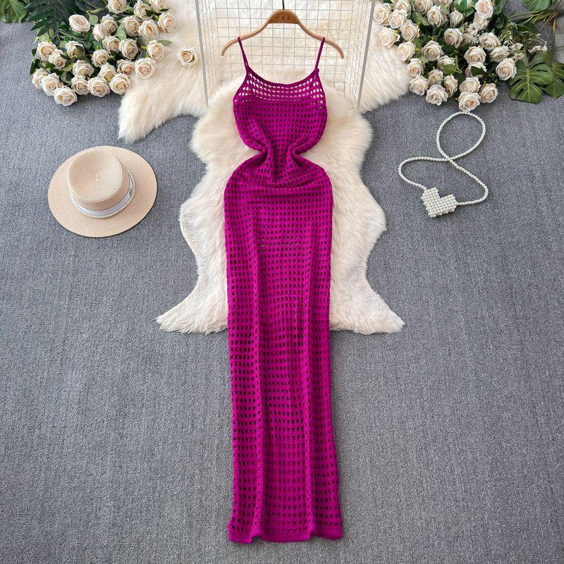 Bohemia Seaside Holiday Hollow Backless Spaghetti Straps Knitted Dress Women's High Waist Slim Looking Travel Beach Long Dress
