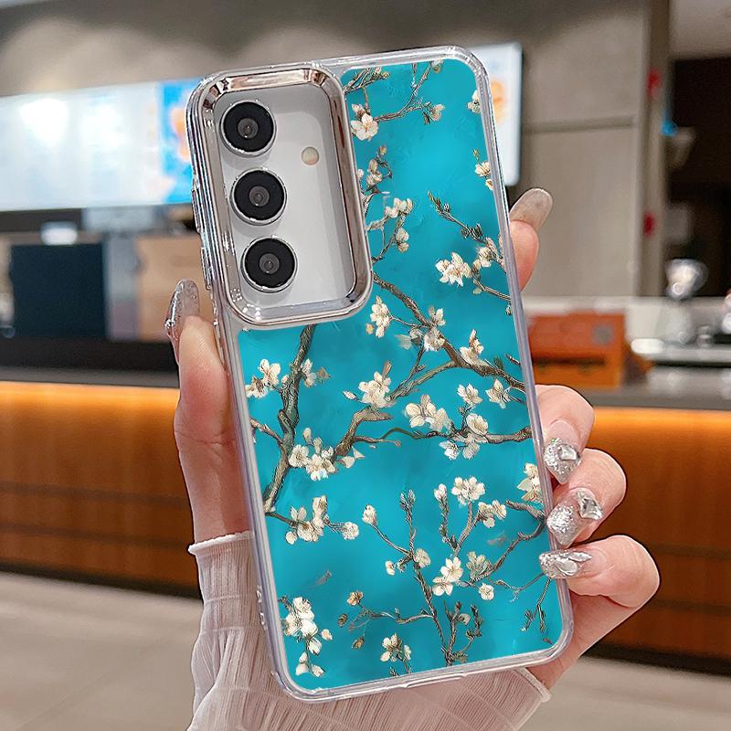 Vintage Flower Print Case For Samsung S26 S25 Ultra S24 Plus S23 S22 S21 FE A54 A55 A16 A36 A56 A17 A37 A57 5G Plating Lens Clear Soft Cover