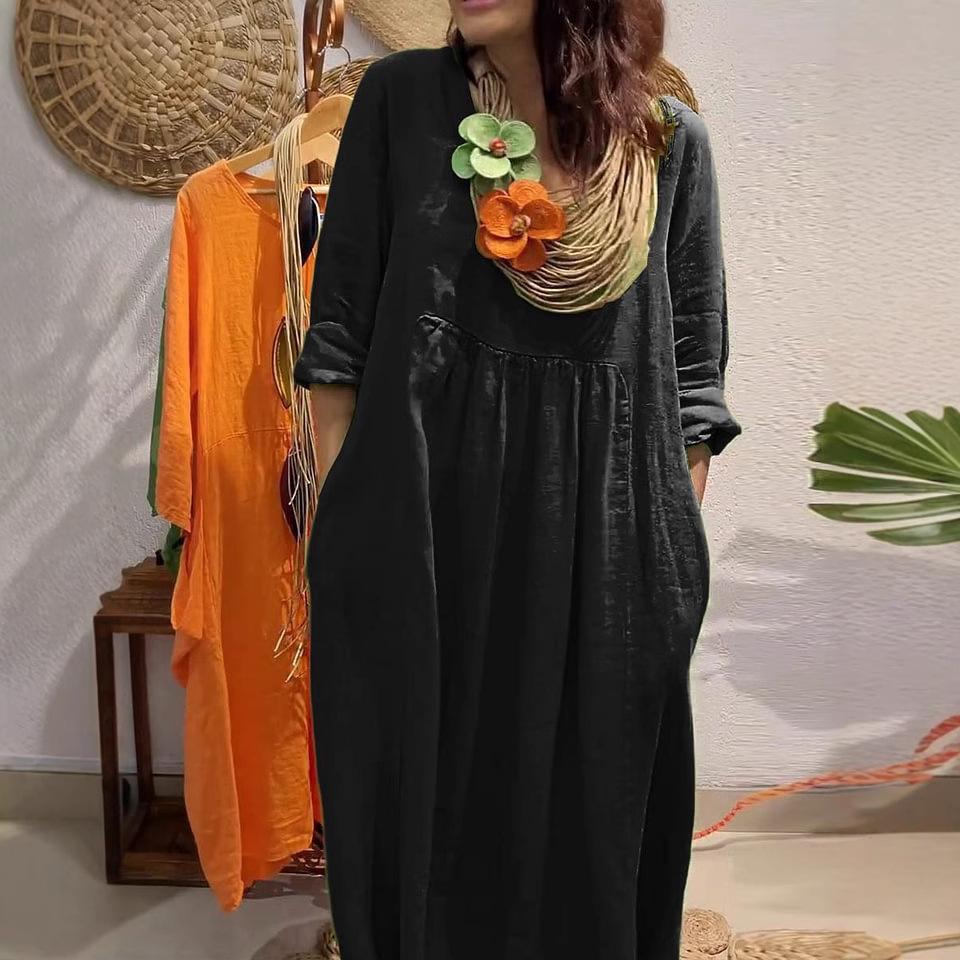 Green Loose Fit Long Dress with Pockets, Casual Flowy Maxi Dress In Multiple Colors