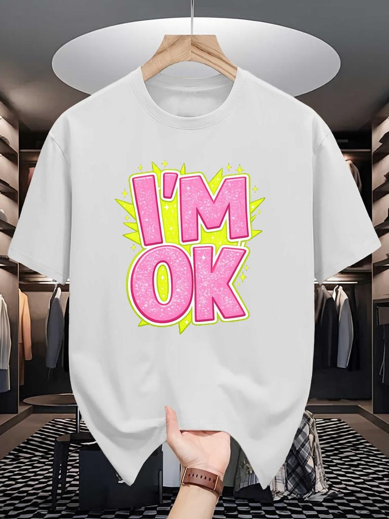 Unisex Cotton Tee I M Ok Letter Graffiti Text Graphic Print Loose Breathable Summer Crew Neck Casual Street T Shirt Unisex Daily Wear
