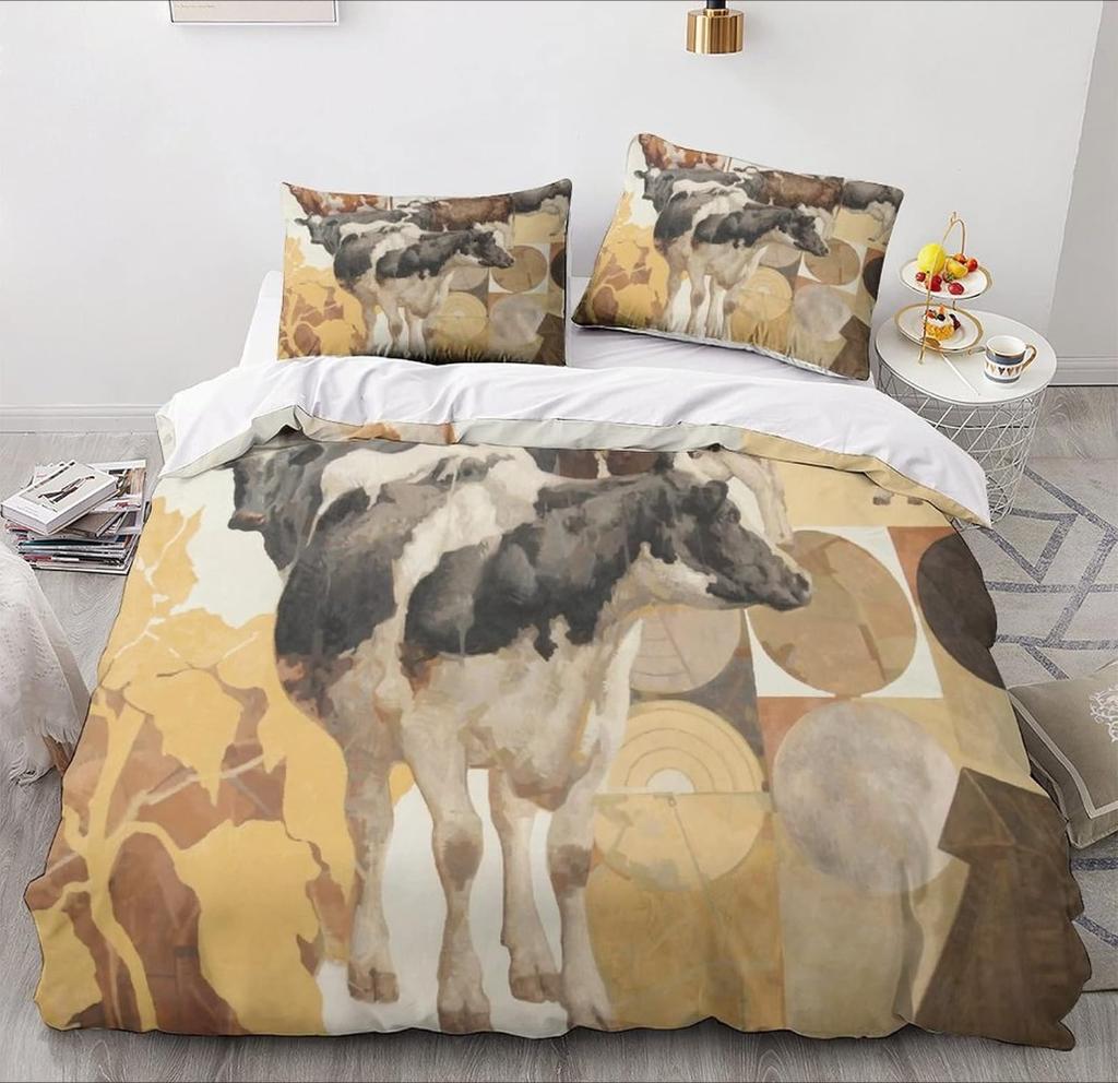 Cartoon Cow Motif,Microfibre Bedding Sets, Children's Bed Linen with Zip Room Decor  Duvet Cover  for Teenagers  Adult 3-Piece