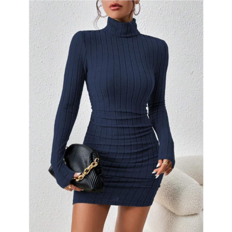 Mode Rollkragen Damen Strick Kurzkleid Herbst und Winter Neu Langarm Rippstrick Hüftbetont Lässige Partykleider Bodycon Schlichte Kleidung 2708