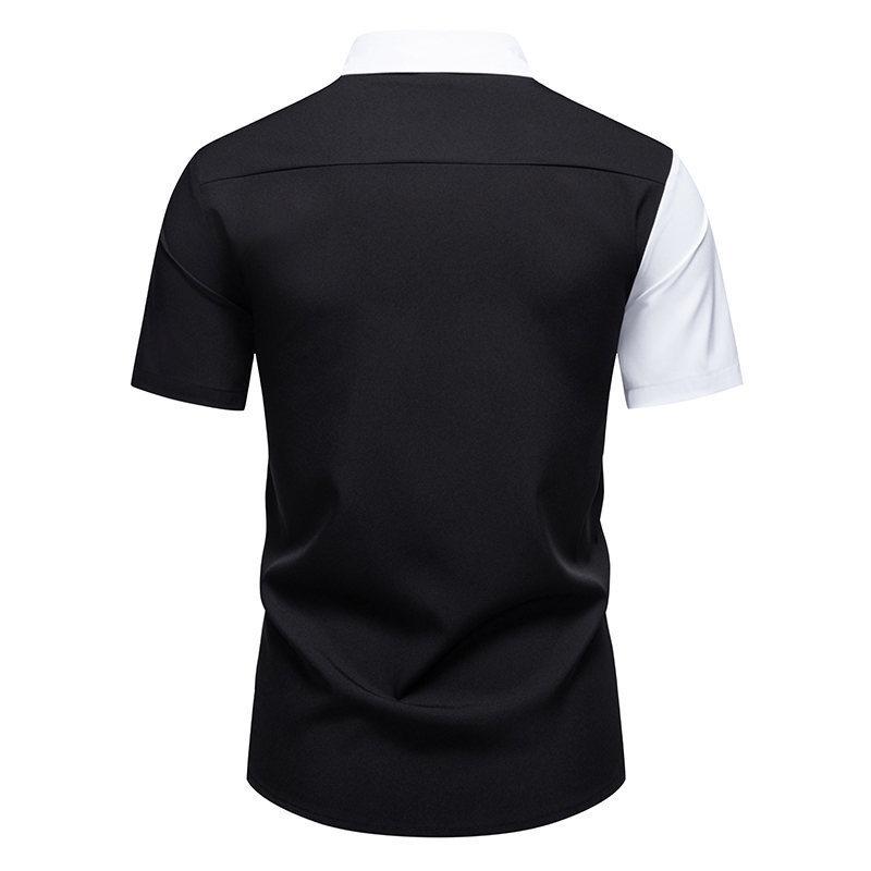 Men's Asymmetric Color Block Short Sleeve Button Down Shirt Black White Breathable Casual Business Tops