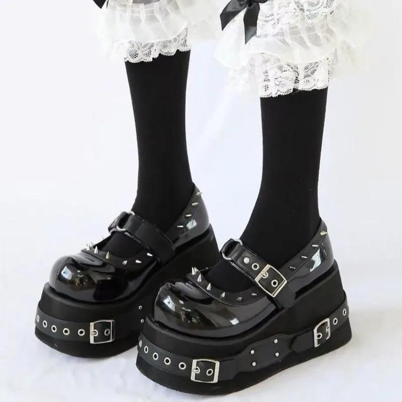 Fashion Women's Muffin Thick-soled Mary Jane Shoes, Large-sized Round-toe Fashionable Height-increasing Shoes with Riveted Decoration