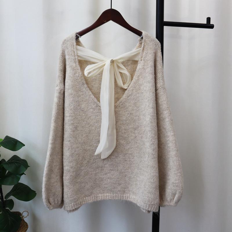 Design Sense Back Bow Tie Lazy Style Loose and Thin Knitted Sweater Top Autumn New Sweater Pullover Woman